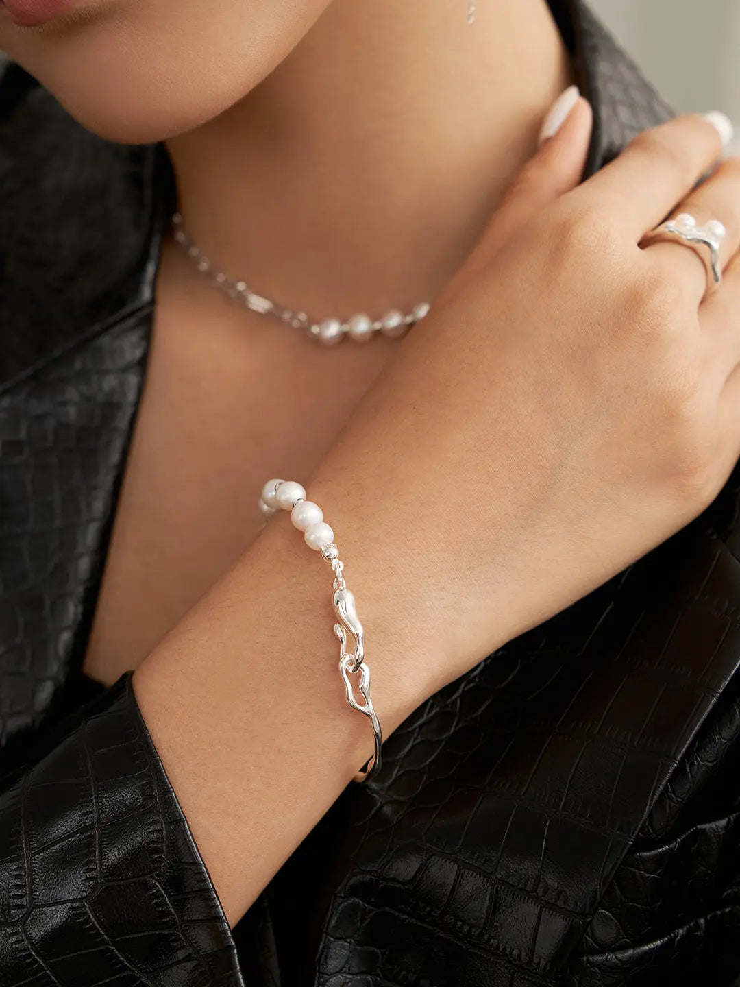 Cascading Pearl Liquid Silver Bracelet