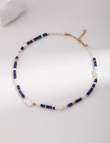 Lapis Lazuli & Freshwater Pearl Necklace with Gold Accents