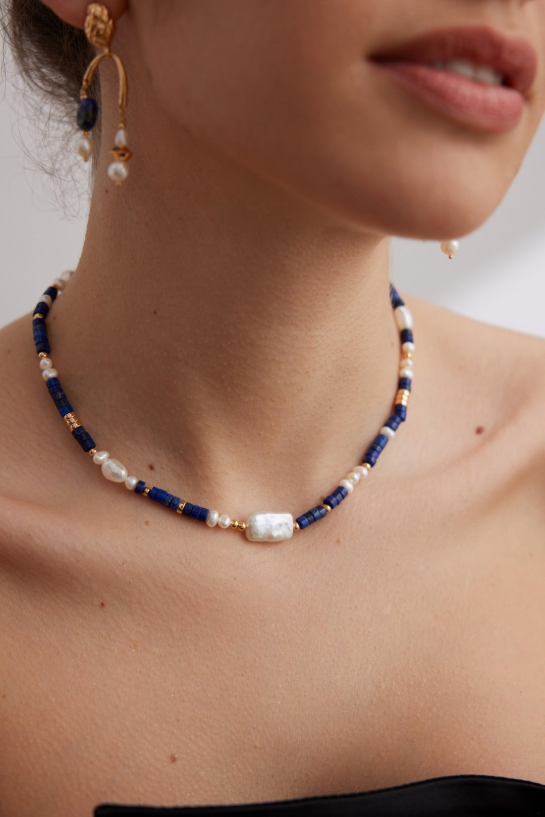 Lapis Lazuli & Freshwater Pearl Necklace with Gold Accents